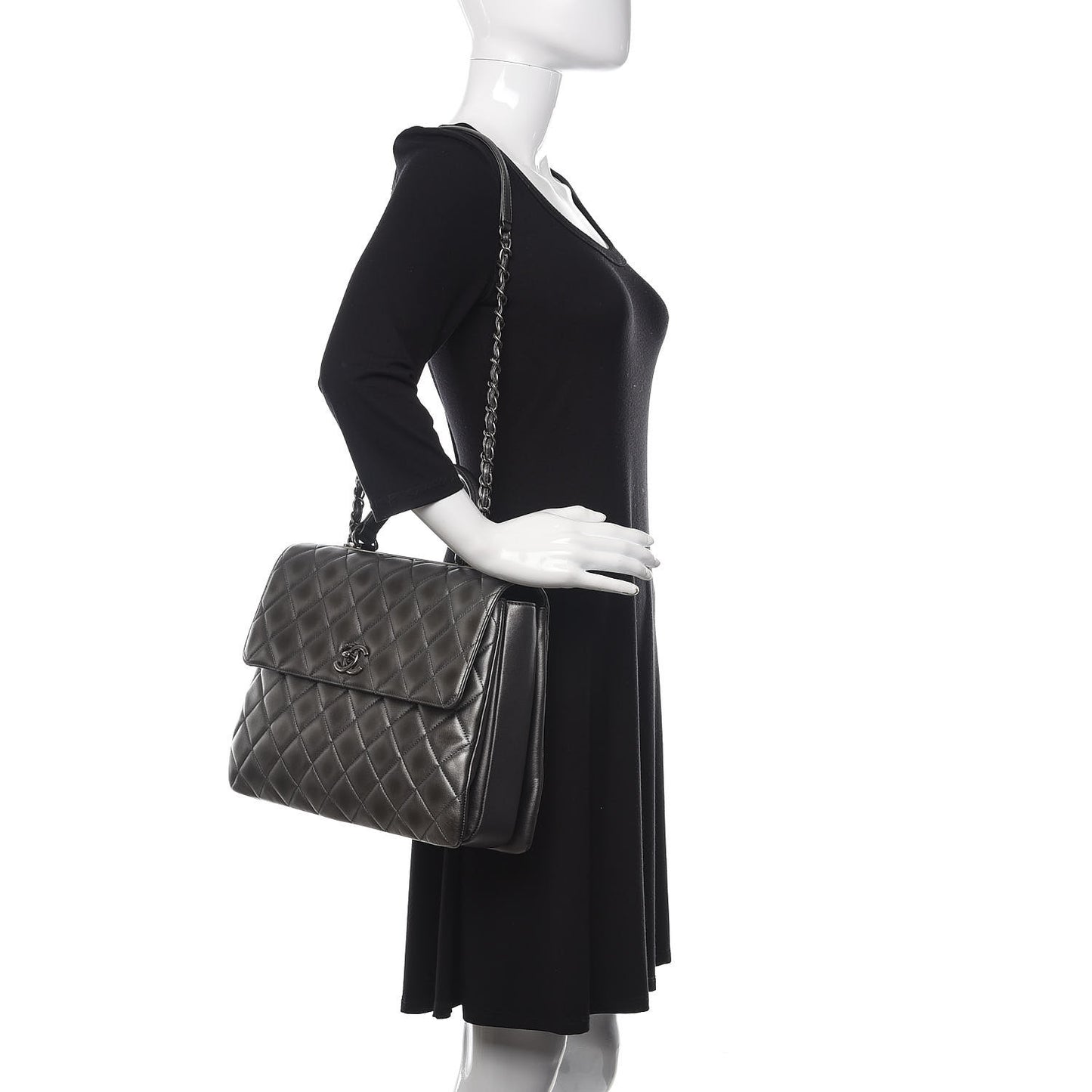 Metallic Calfskin Quilted Large Trendy CC Flap Dual Handle Bag Dark Silver