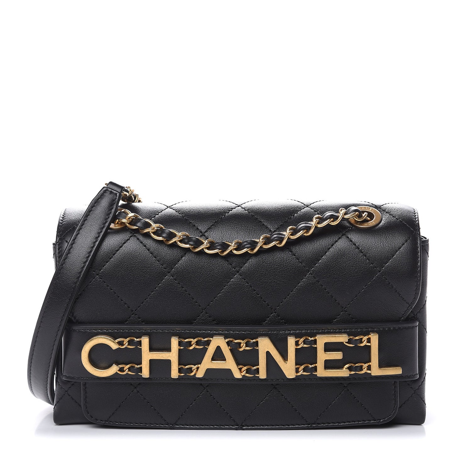 Calfskin Quilted Small Enchained Flap Black