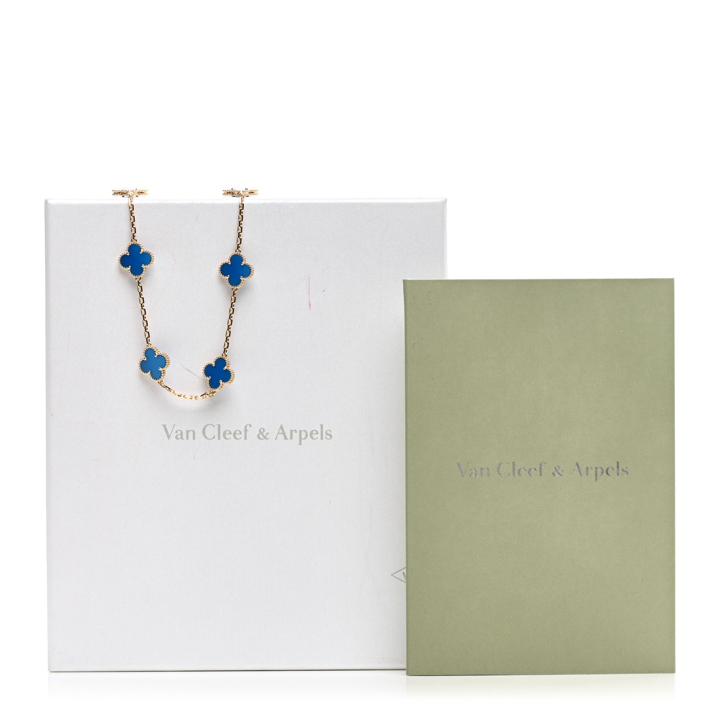 18K Yellow Gold Blue Agate 10 Motifs Vintage Alhambra Necklace