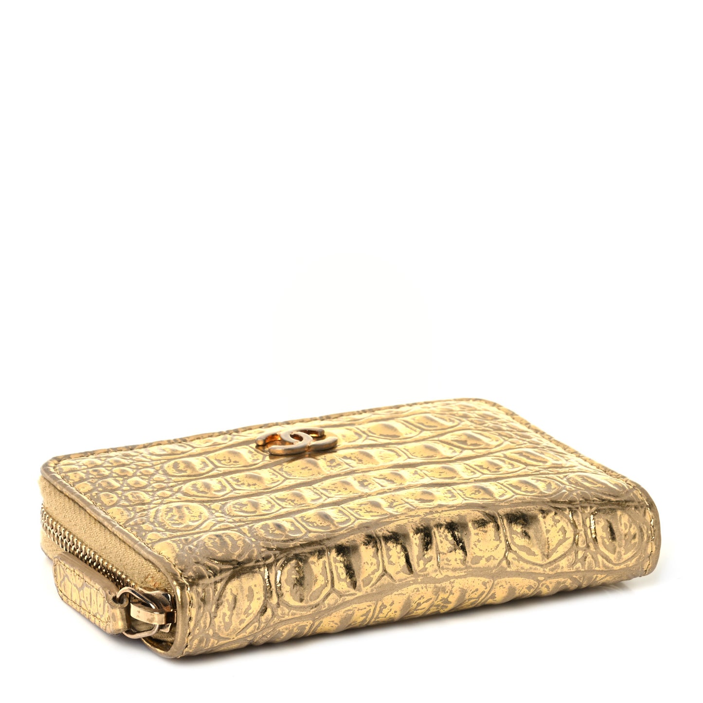 Metallic Calfskin Crocodile Embossed Cocodile Zip Coin Case Gold