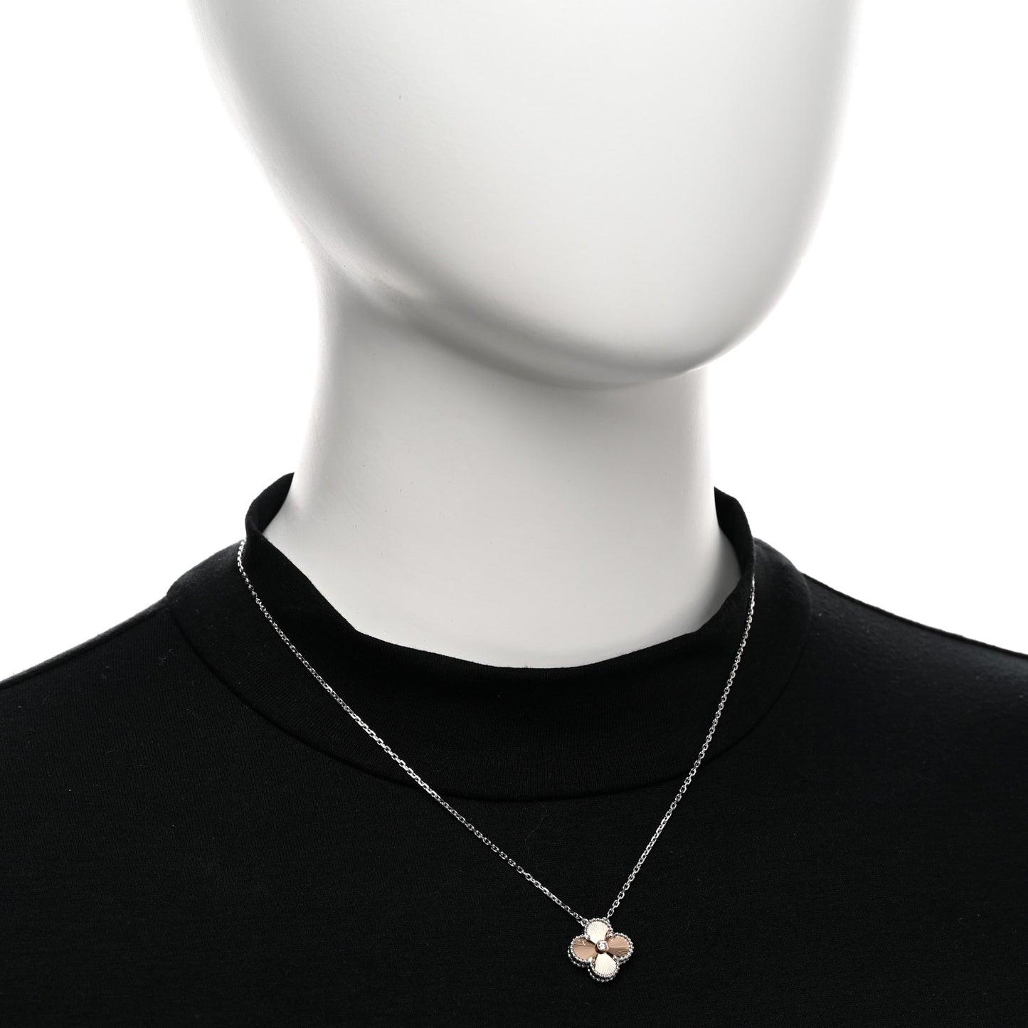 18K White Rose Gold Diamond Guilloche Vintage Alhambra Pendant Necklace