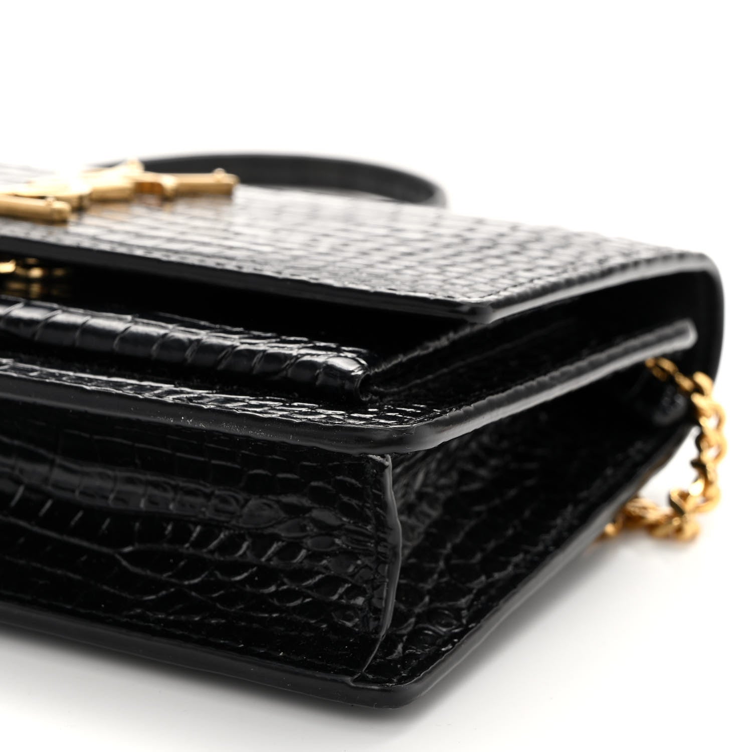 Saint Laurent Calfskin Crocodile Embossed Monogram Sunset Top Handle Chain Wallet Black 9 of 11