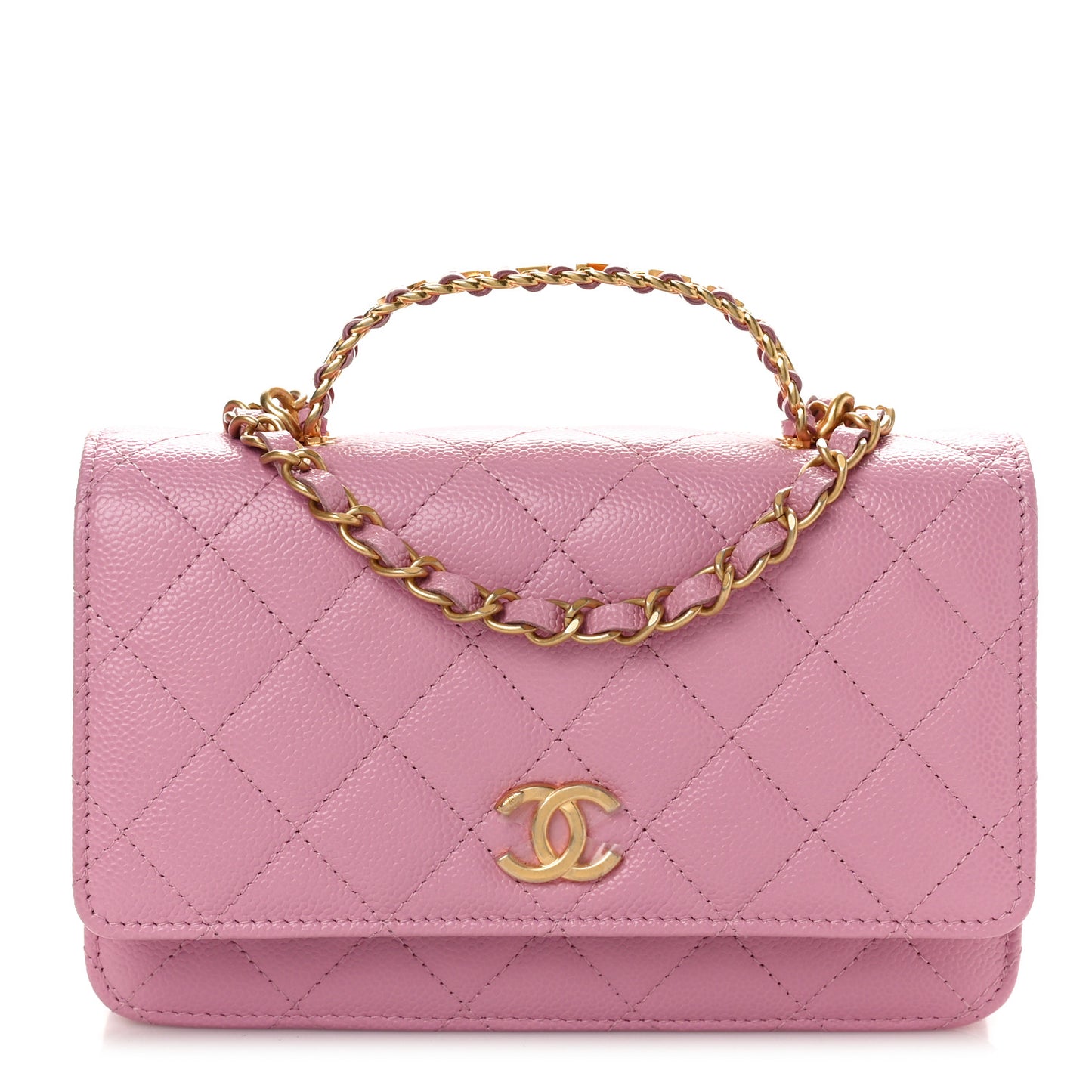 Shiny Caviar Quilted Pick Me Up Wallet On Chain WOC Pink