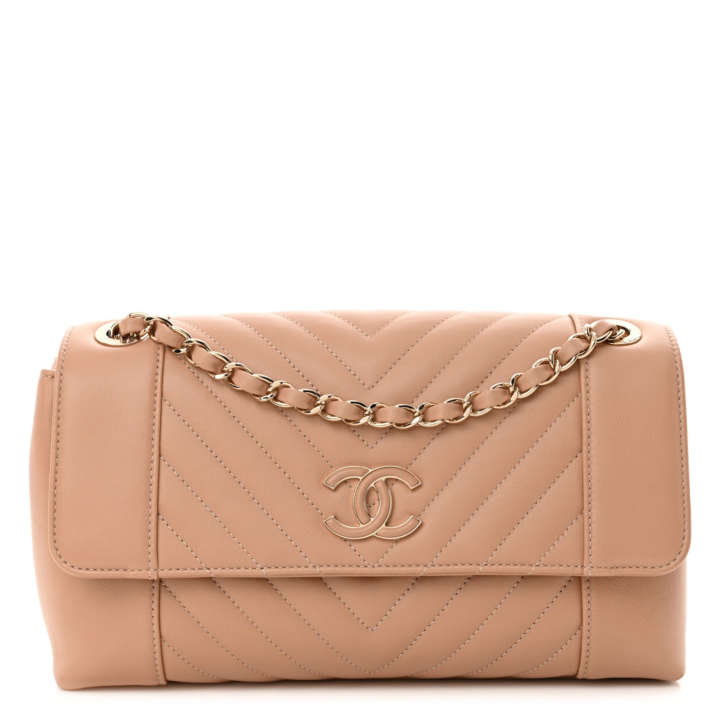 Calfskin Quilted Medium Daily Chevron Flap Beige