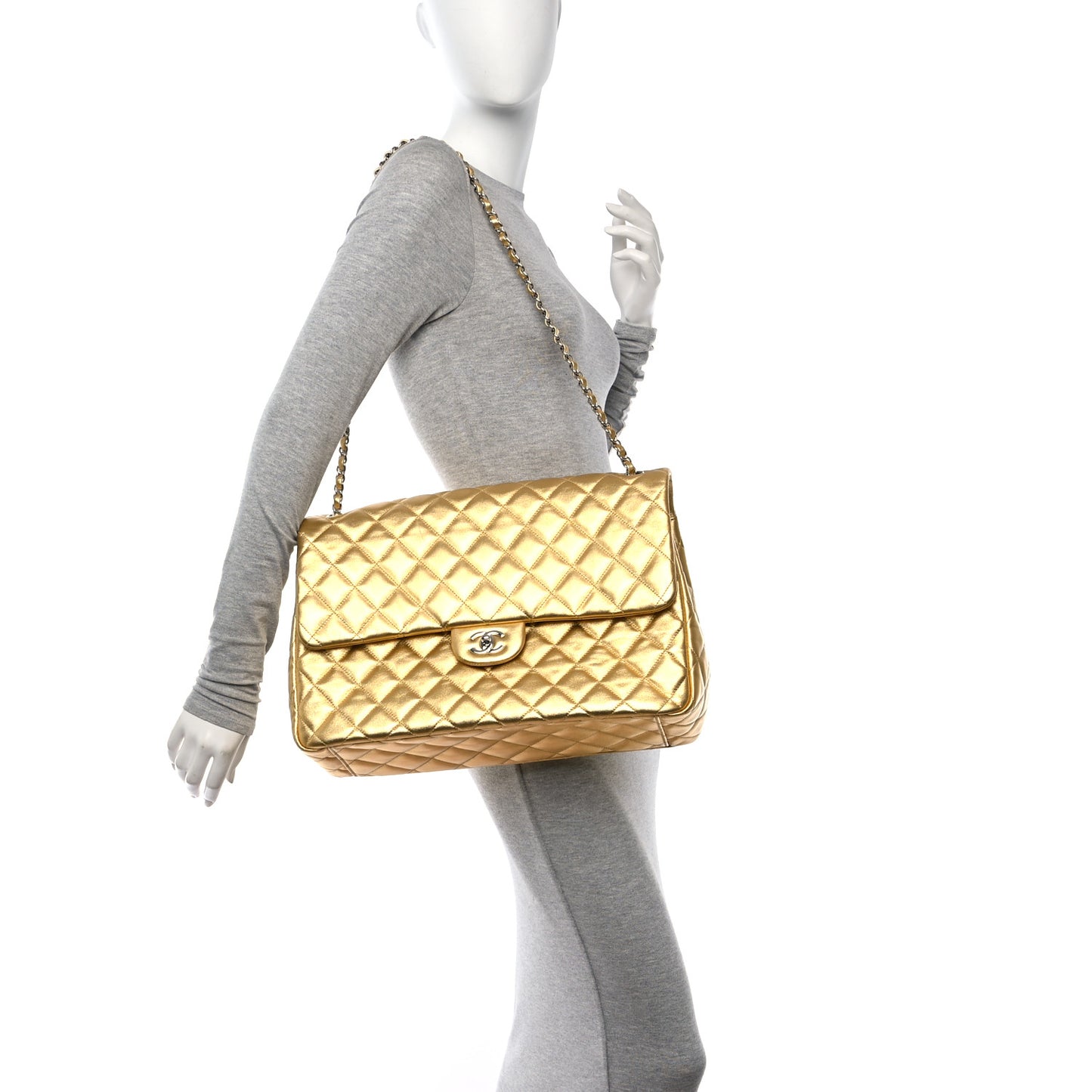 Metallic Lambskin Quilted XXL Travel Flap Bag Gold