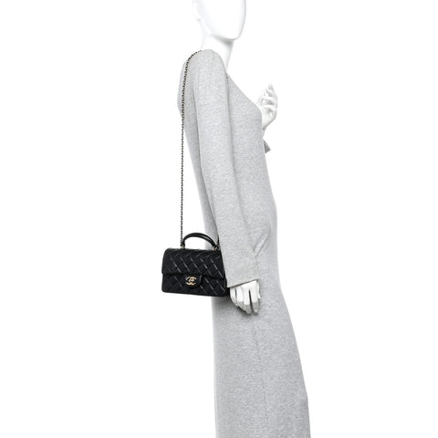 Lambskin Quilted Mini Top Handle Rectangular Flap Black