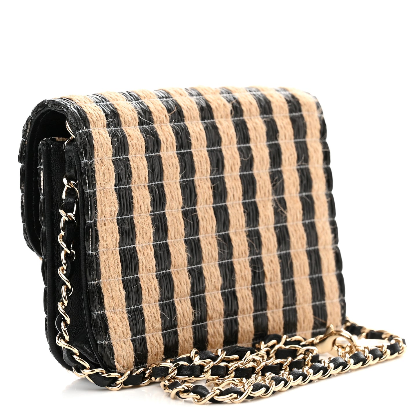 Raffia Jute Striped Belt Bag Black Beige