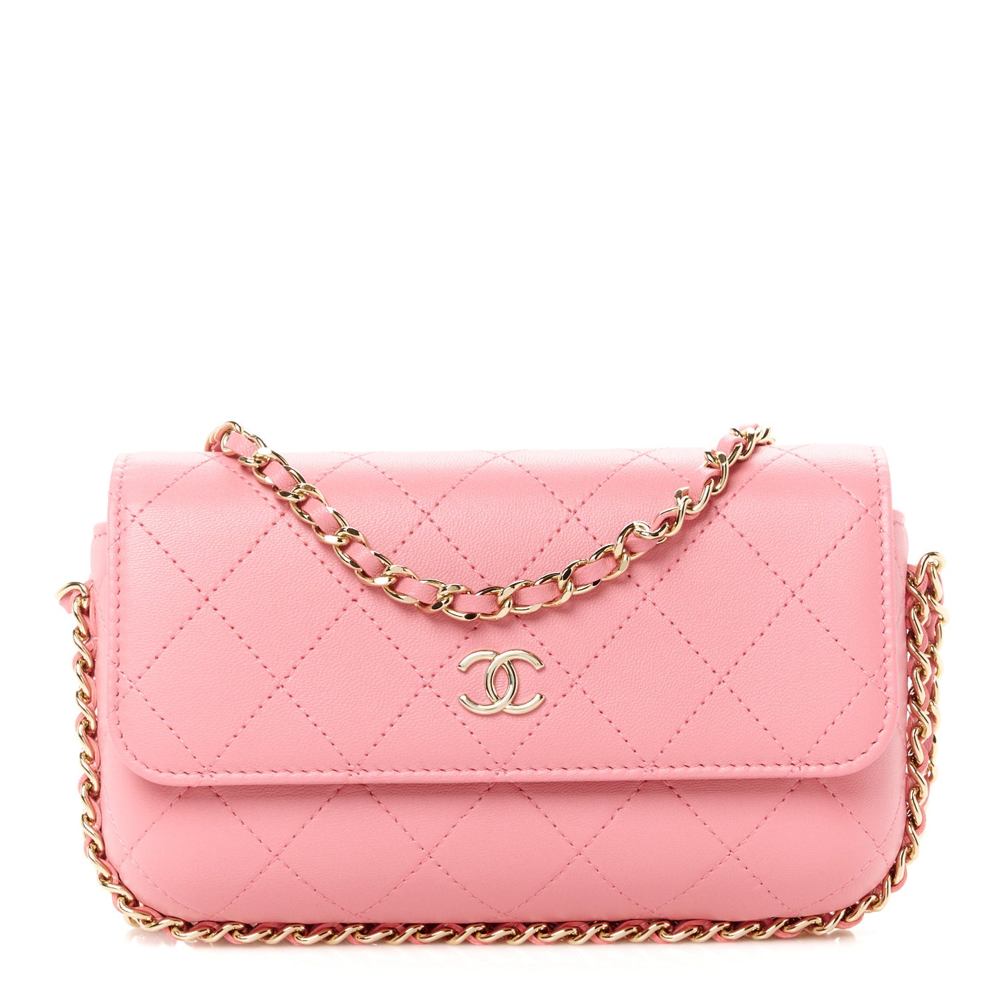 Calfskin Diamond Stitched Chain Around Flap Phone Holder Dark Pink