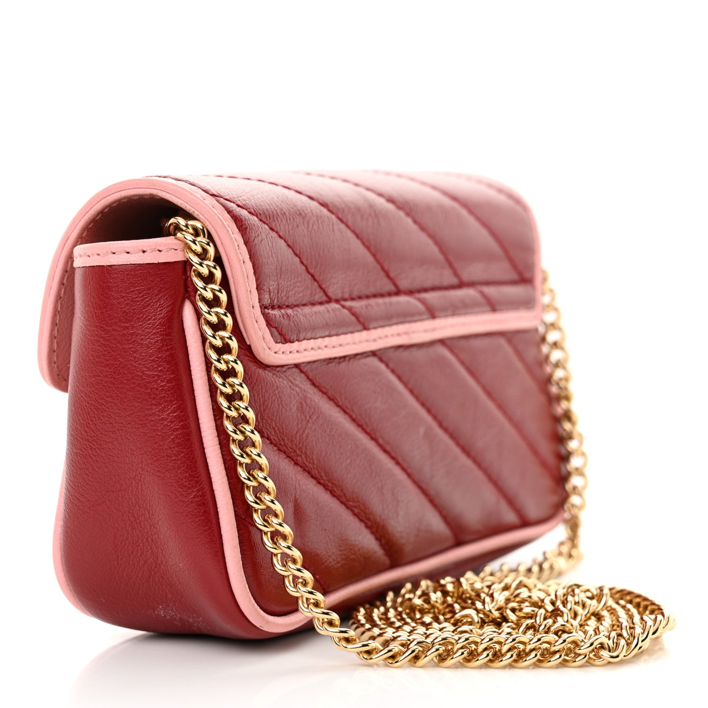 Azalea Calfskin Enamel Matelasse Diagonal Super Mini Torchon GG Marmont Shoulder Bag New Cherry Red Wild Rose