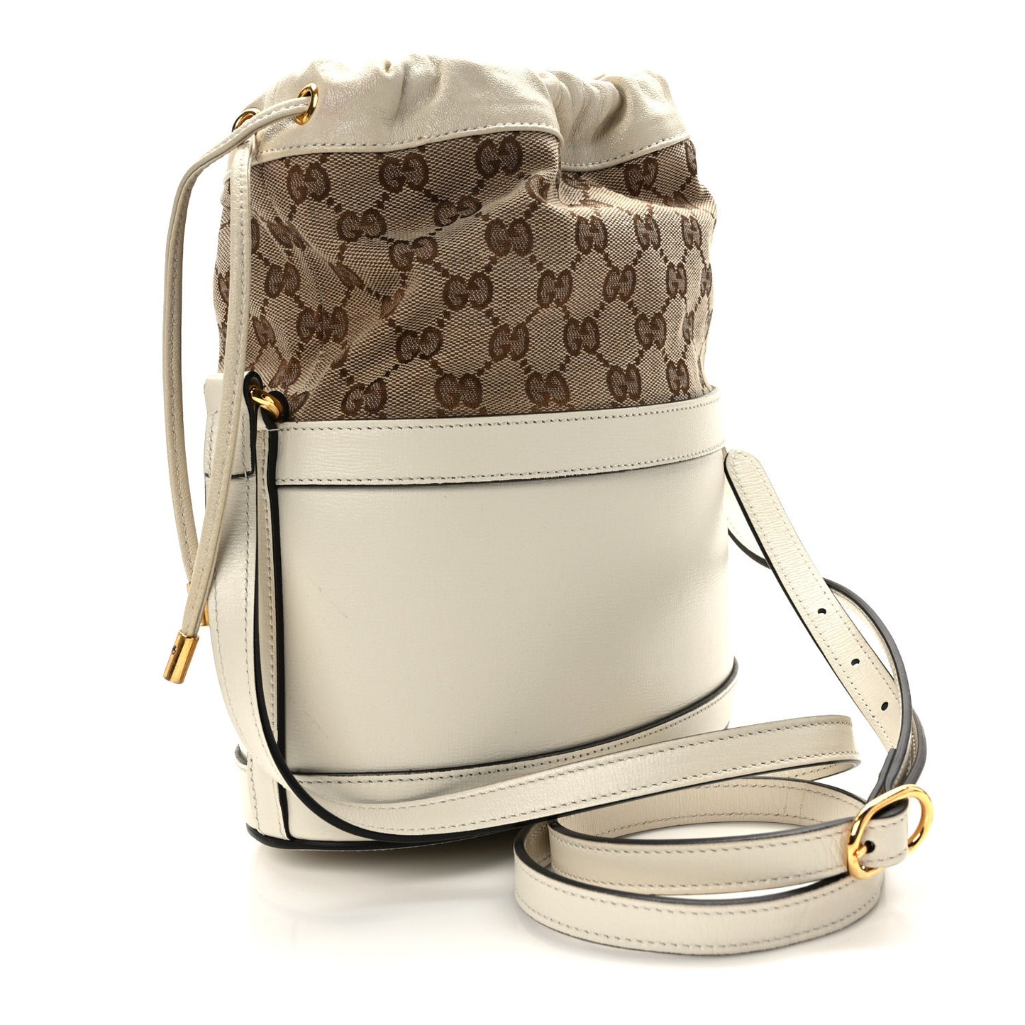 Monogram Textured Calfskin Horsebit 1955 Drawstring Bucket Bag Beige Mystic White
