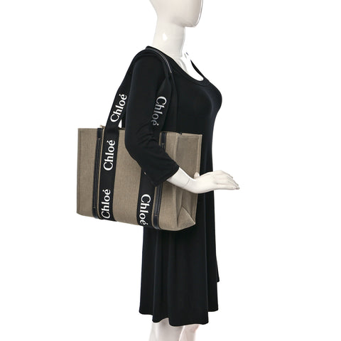 Linen Calfskin Medium Woody Ribbon Tote Black Blue