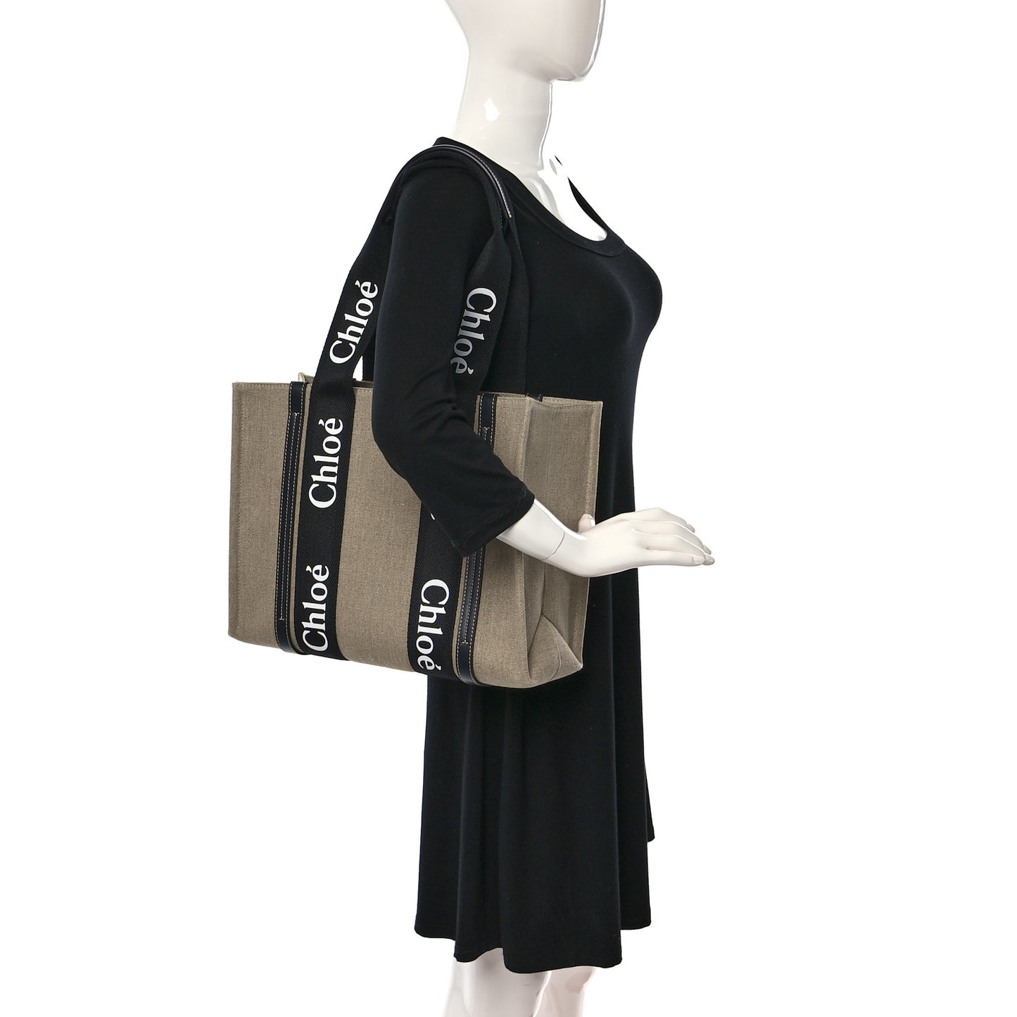 Linen Calfskin Medium Woody Ribbon Tote Black Blue