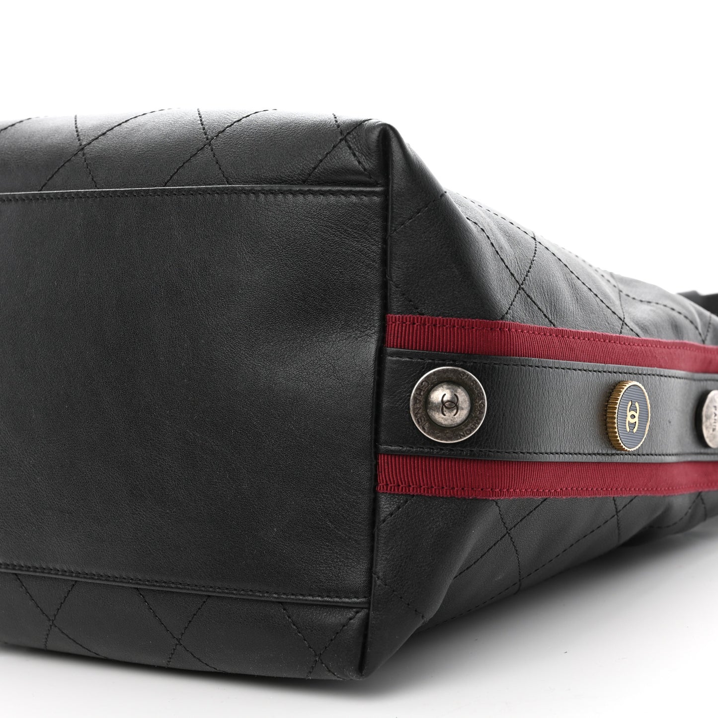 Calfskin Stitched Large Button Up Hobo Black