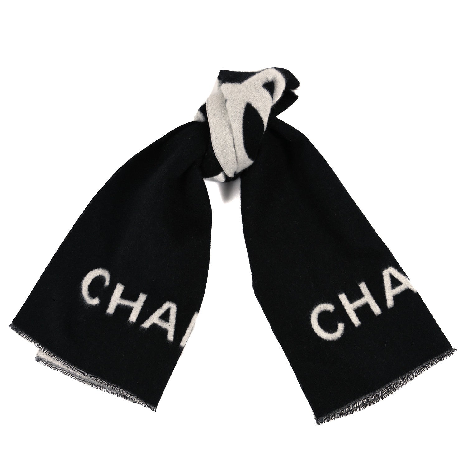 Chanel Cashmere CC Fringe Stole Black White 1 of 3