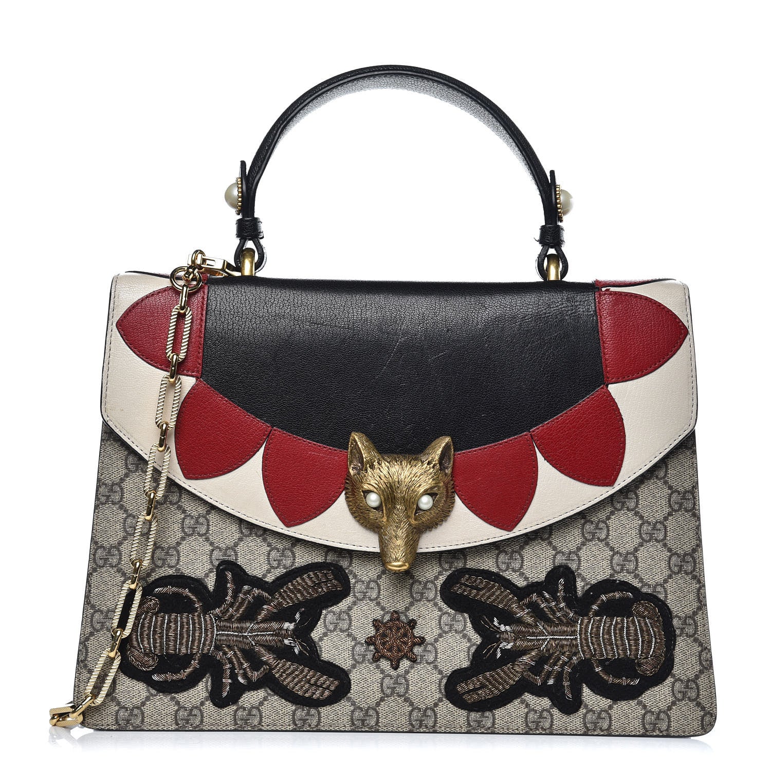 Gucci GG Supreme Monogram Goatskin Pearl Embroidered Medium Fox