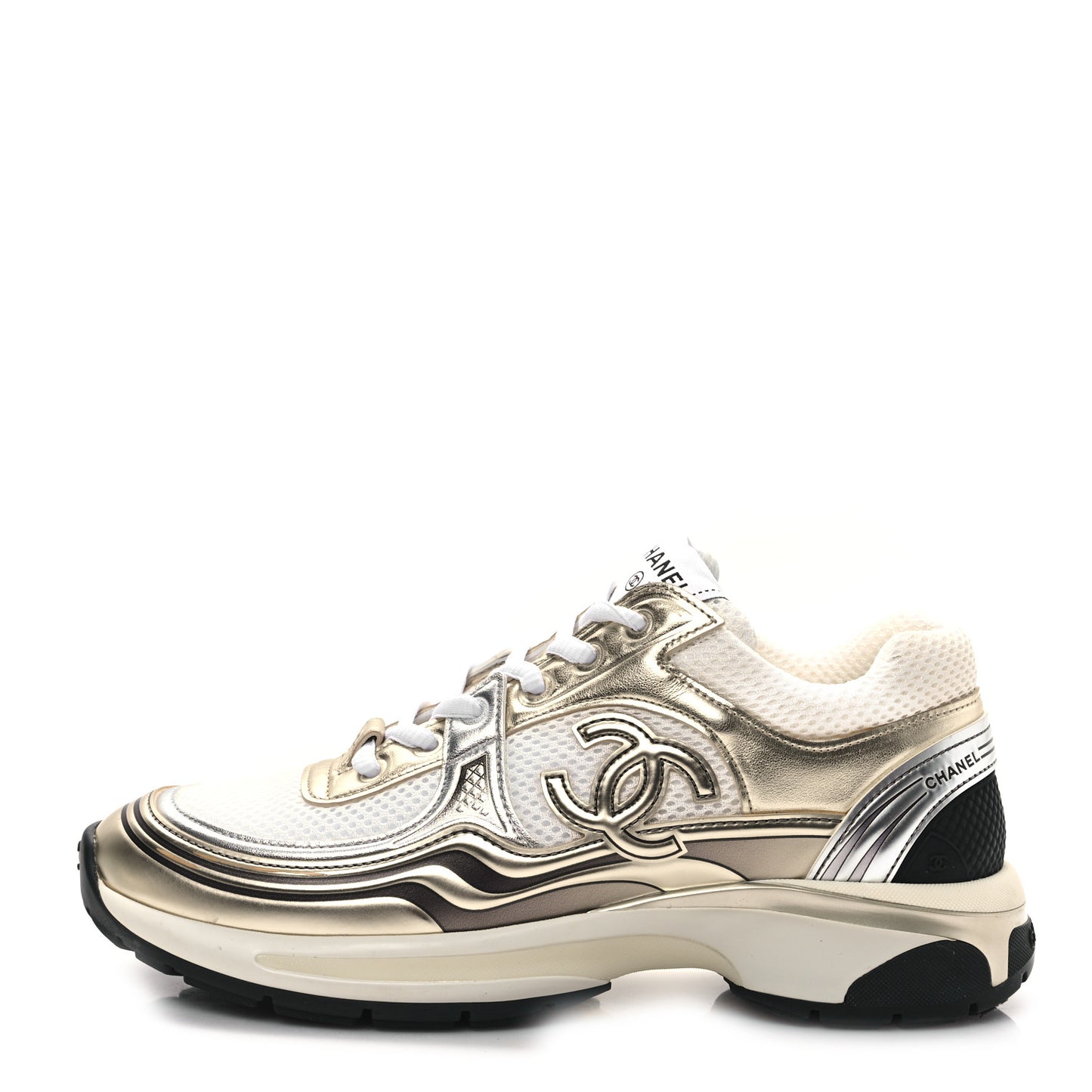 Fabric Laminated Calfskin Stretch CC Womens Sneakers 38.5 White Gold Silver