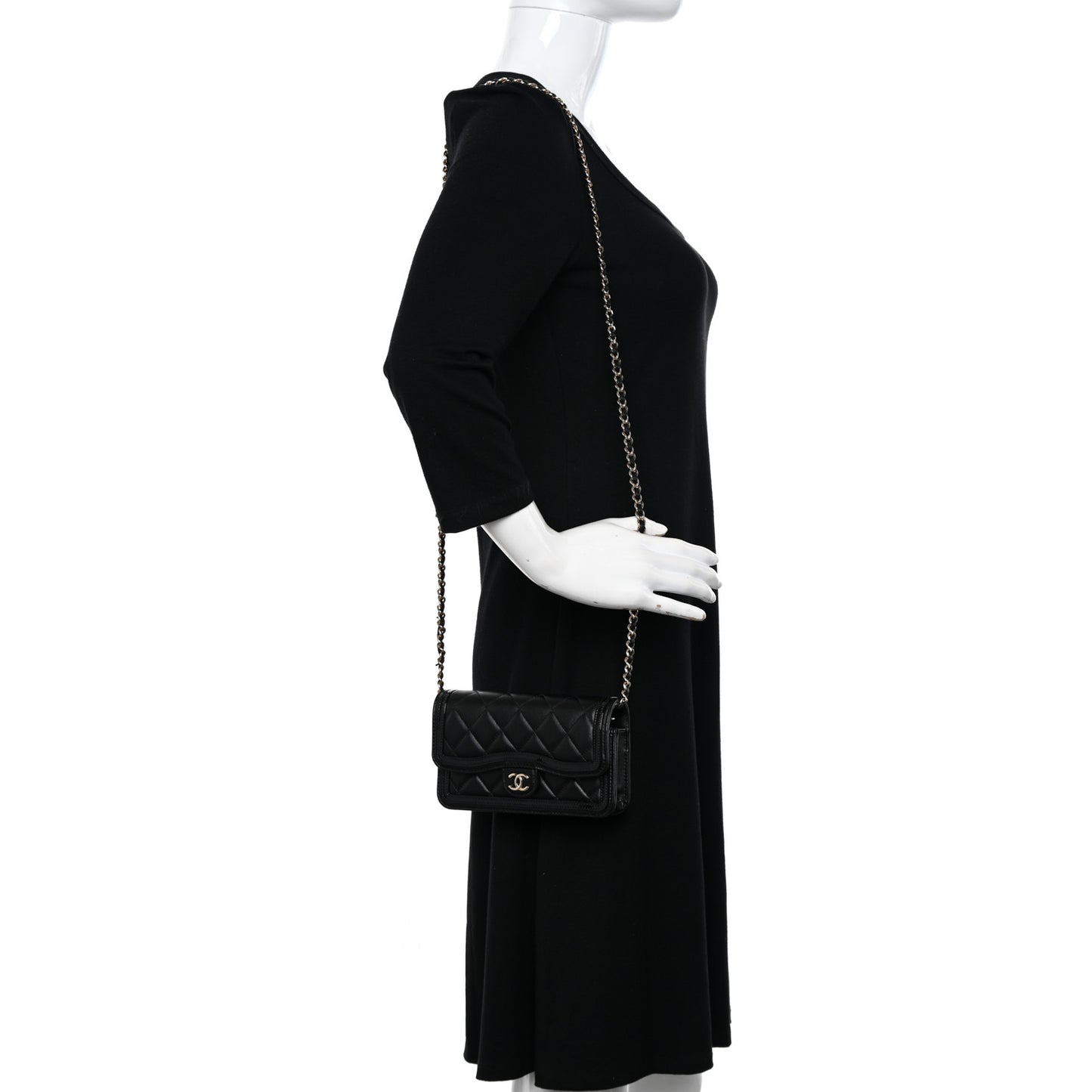 Lambskin Patent Calfskin Quilted Flap Phone Holder With Chain Black
