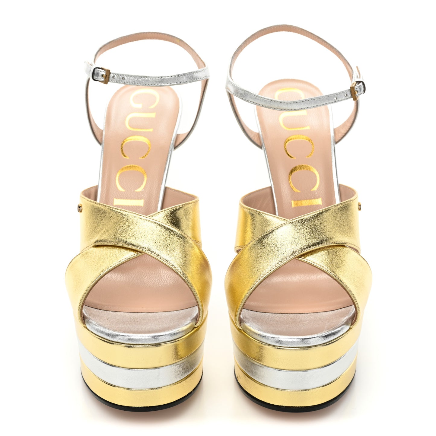 Metallic Nappa Double G 40/135mm Platform Sandals 39 Gold Silver