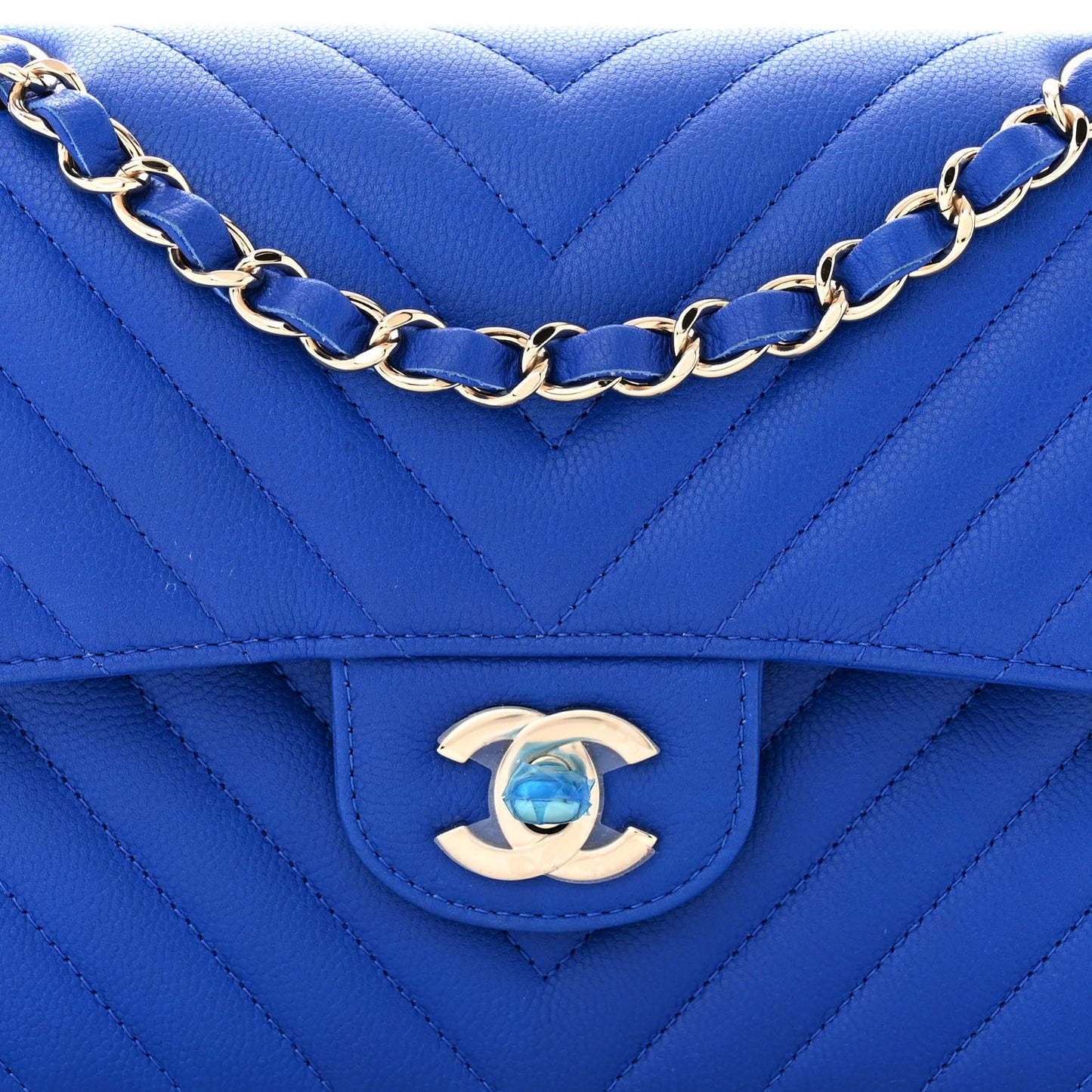 Caviar Chevron Quilted Small Double Flap Blue