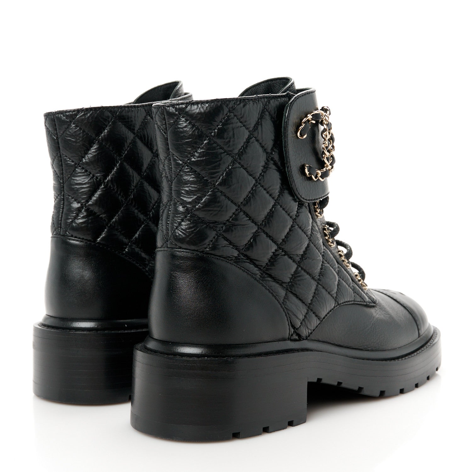 Chanel Shiny Goatskin Calfskin Quilted Lace Up Combat Boots 36 Black 4 of 10