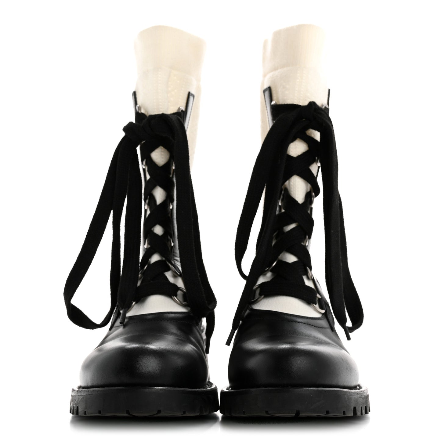 Calfskin Knit Fabric Diorland Combat Boots 38 Black White