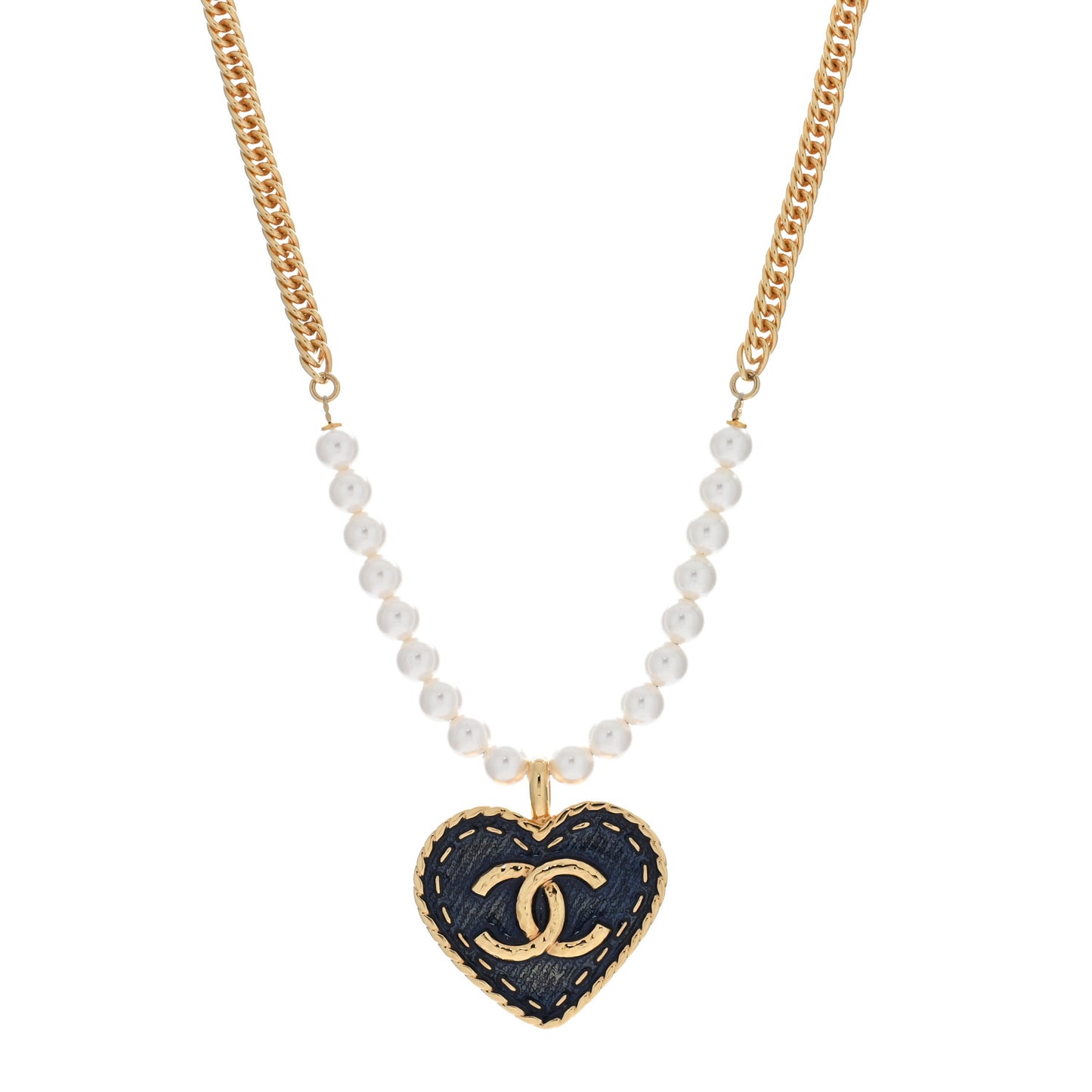 Metal Denim CC Heart Choker Gold Blue Pearly White