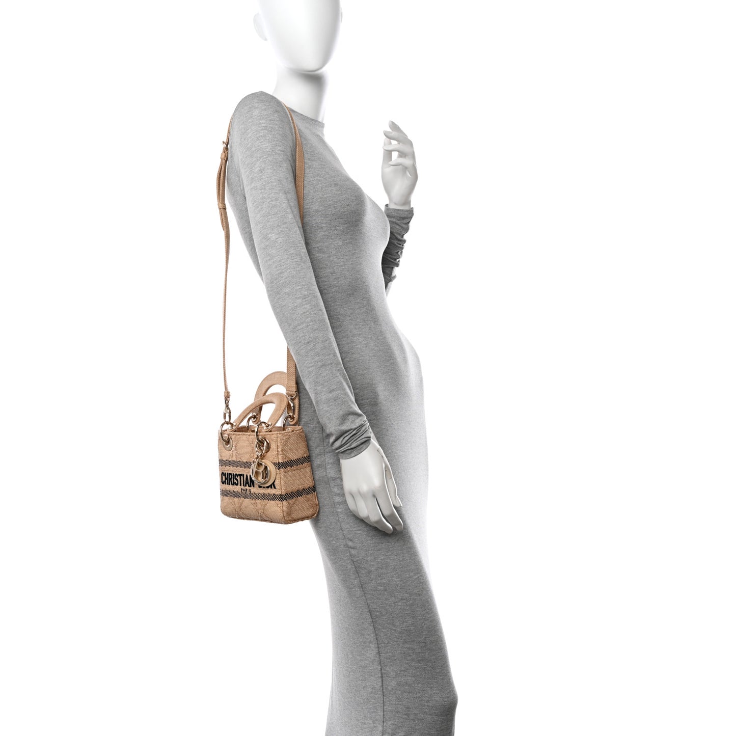 Raffia Woven Cannage Embroidered Mini Lady D-Lite Natural Black