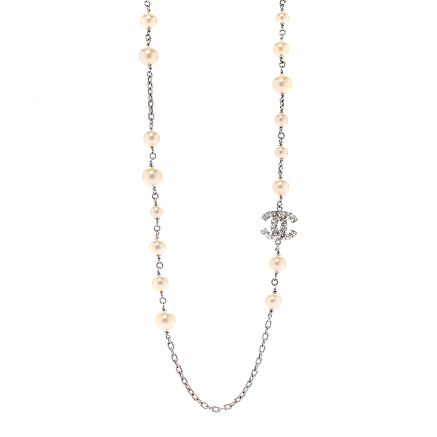Pearl Baguette Crystal CC Long Necklace Silver
