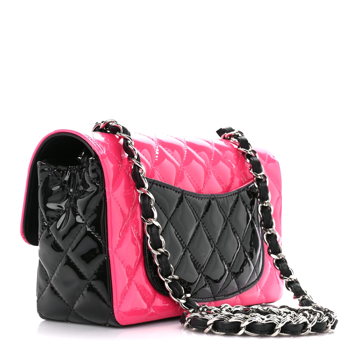 Patent Calfskin Quilted Bi-Color Mini Rectangular Flap Pink Black