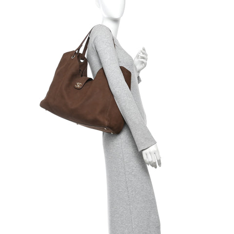 Grained Nubuck Calfskin Quilted Maxi Shopping Bag Dark Brown