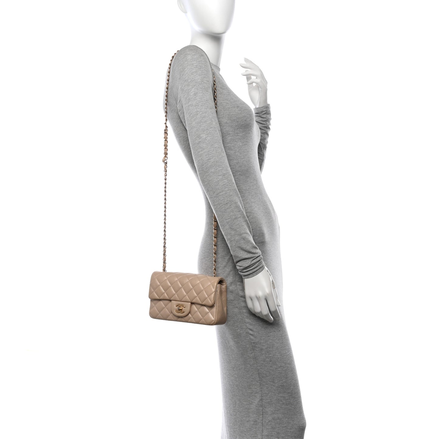 Iridescent Calfskin Quilted Mini Rectangular Flap Beige