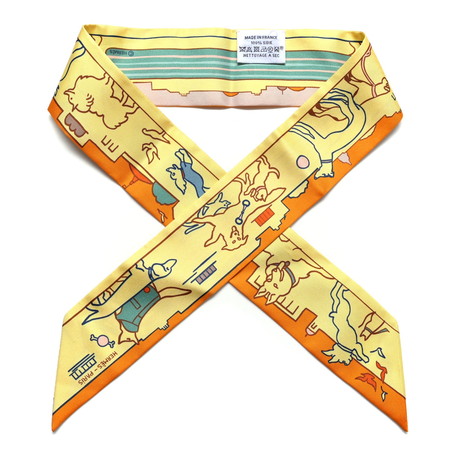 Hermes Silk Les Chiens Parisiens Twilly Jaune Orange Vert 1576199