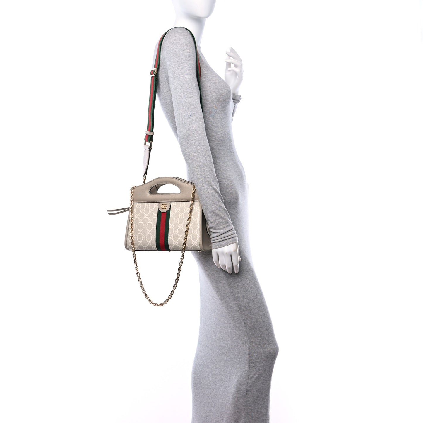 GG Supreme Monogram Textured Dollar Calfskin Web Small Ophidia Slip Handle Tote Beige Mystic White Oatmeal