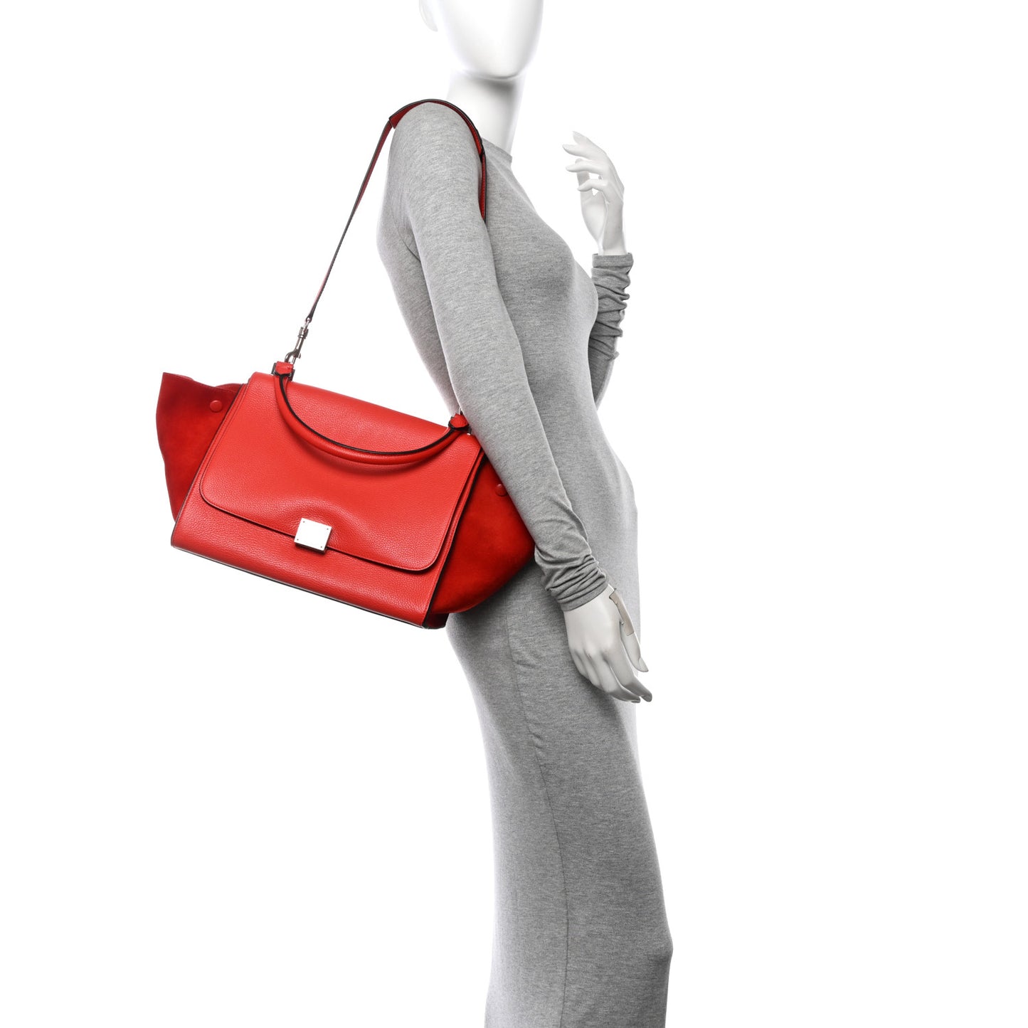 Drummed Calfskin Suede Medium Trapeze Vermillion