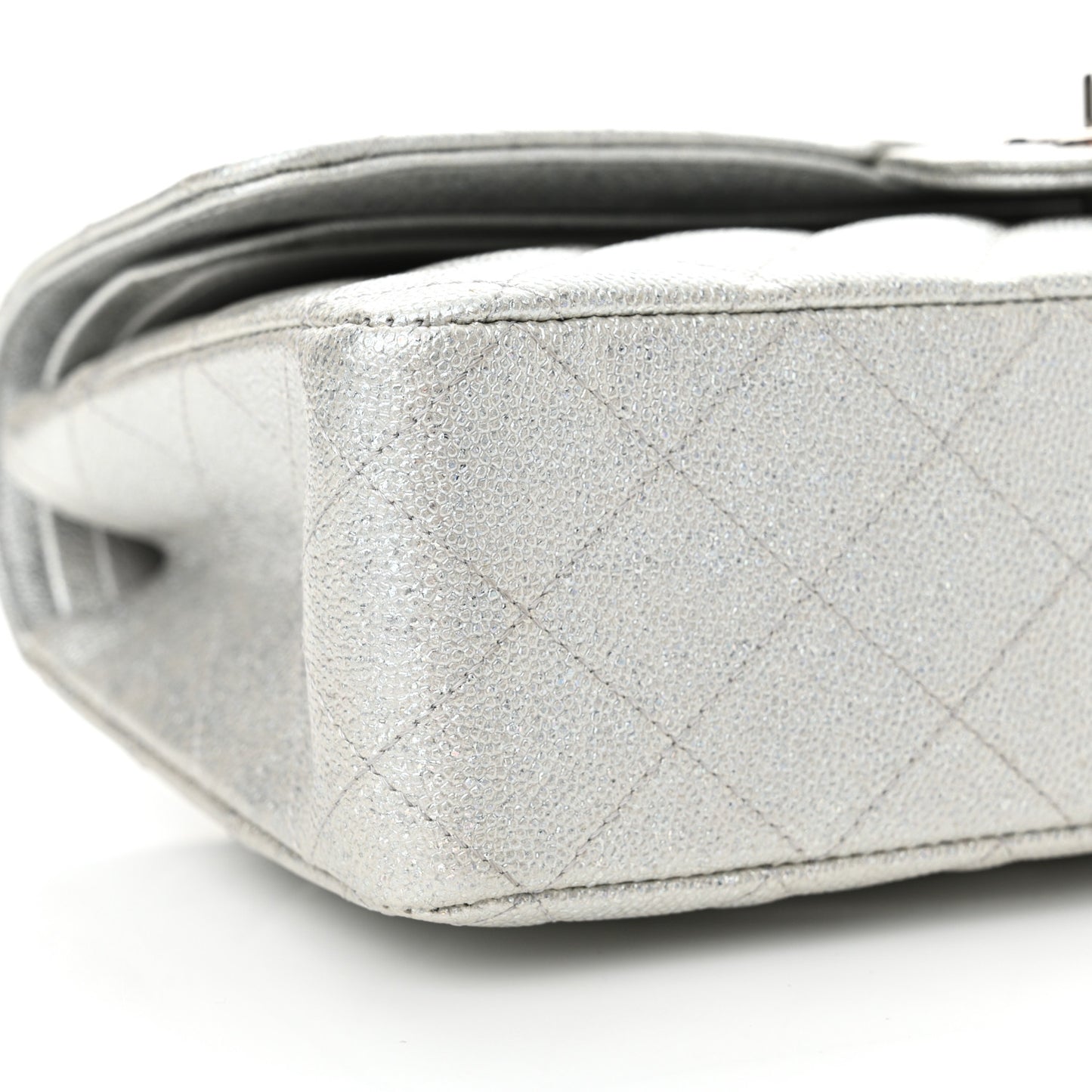 Glittered Metallic Caviar Quilted Medium Double Flap Silver