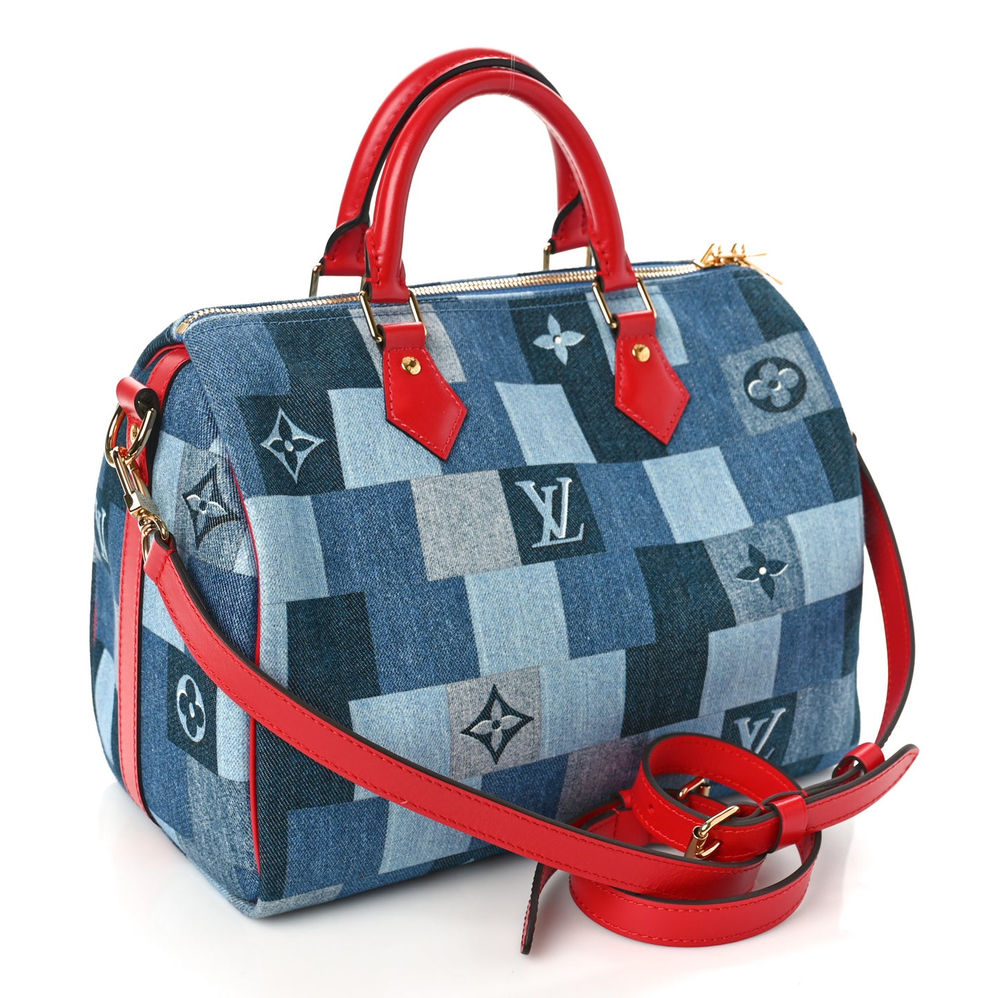 Denim Damier Monogram Patchwork Speedy Bandouliere 30 Blue Rouge