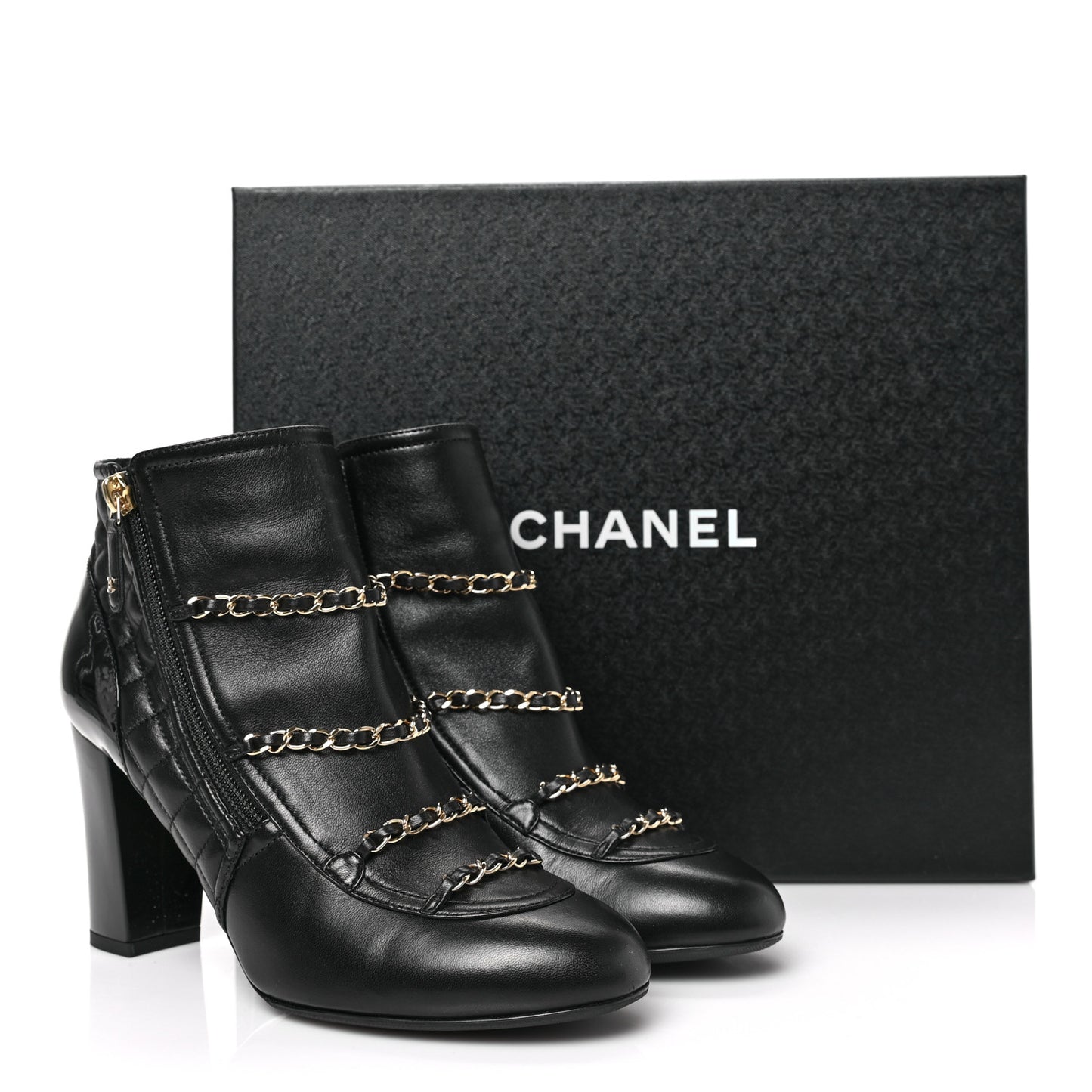 Lambskin Patent Calfskin Chain CC Short Boots 39.5 Black