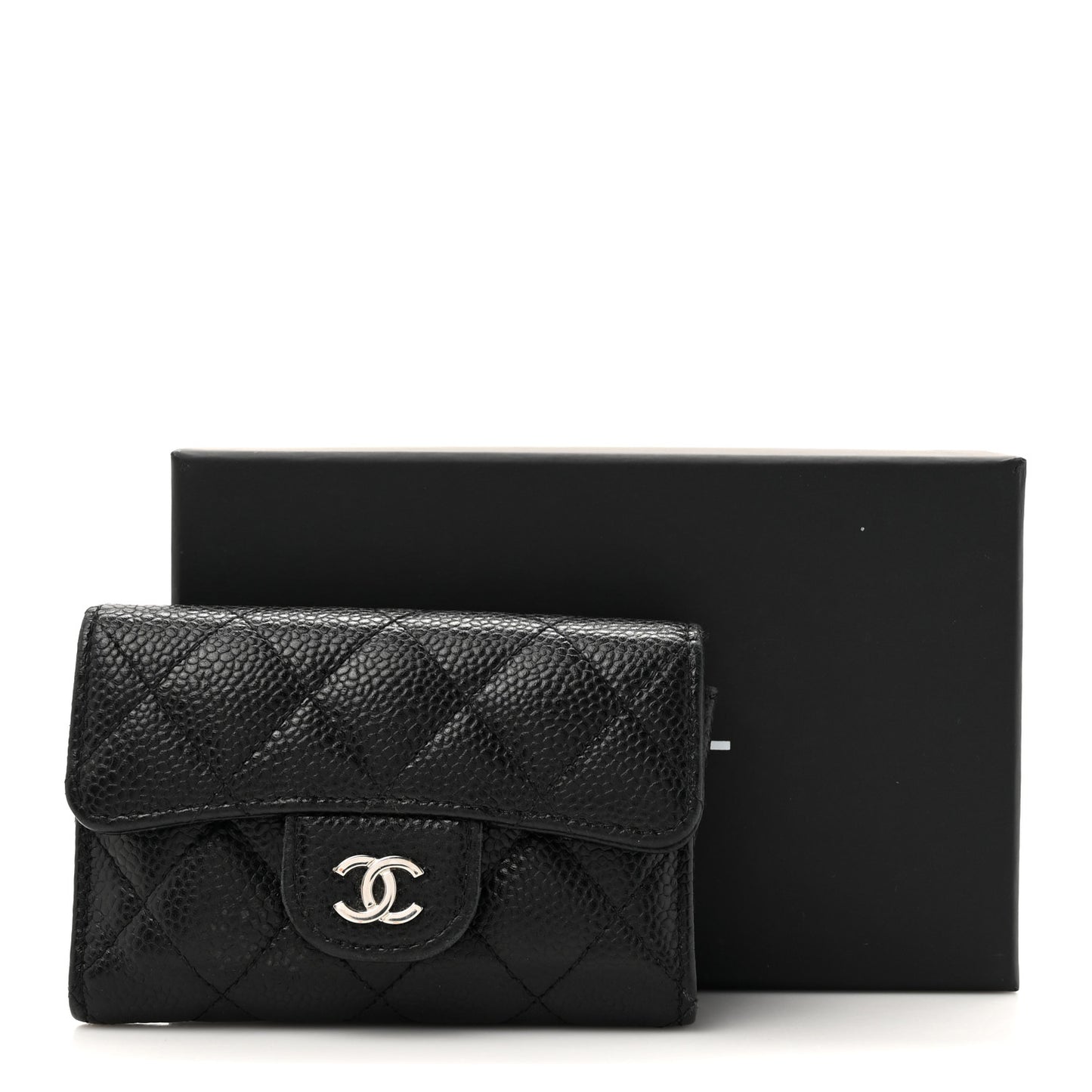Caviar Quilted Flap Card Holder Wallet Black