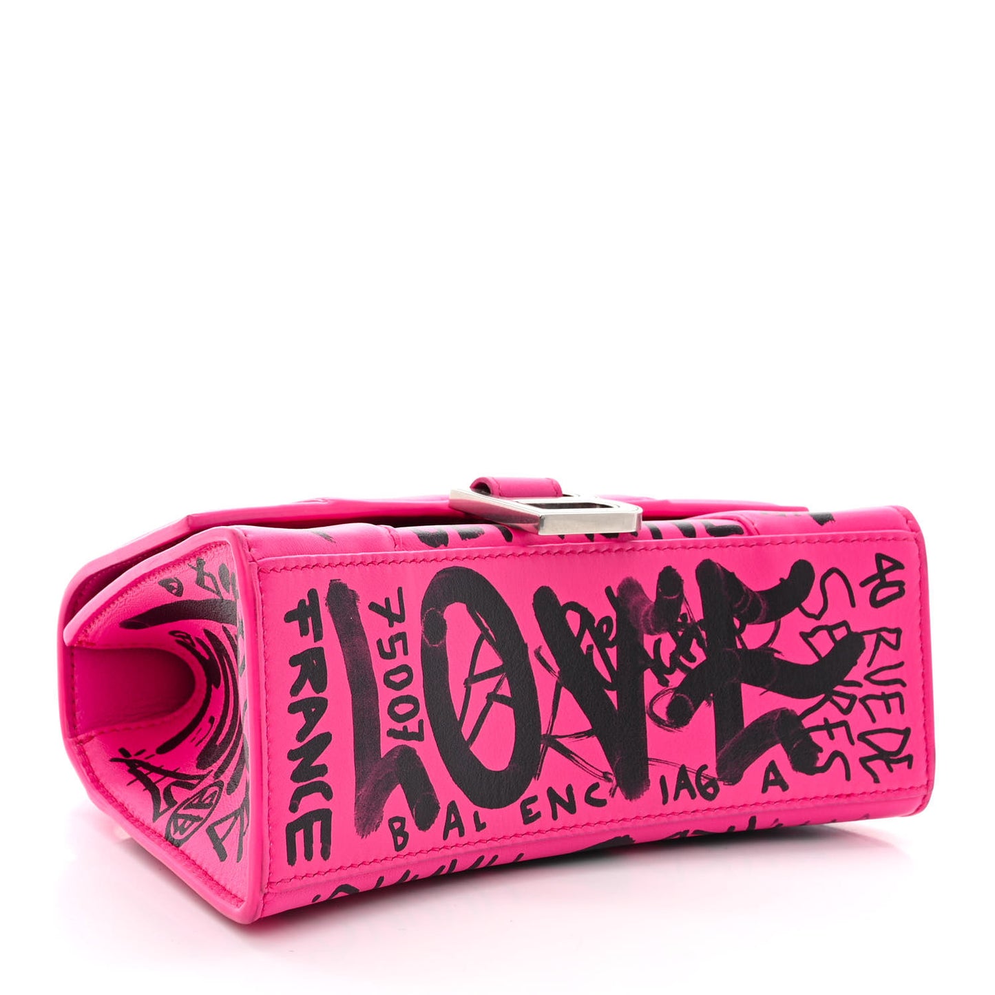 Smooth Calfskin Graffiti Hourglass Top Handle Bag XS Acid Fuchsia Black