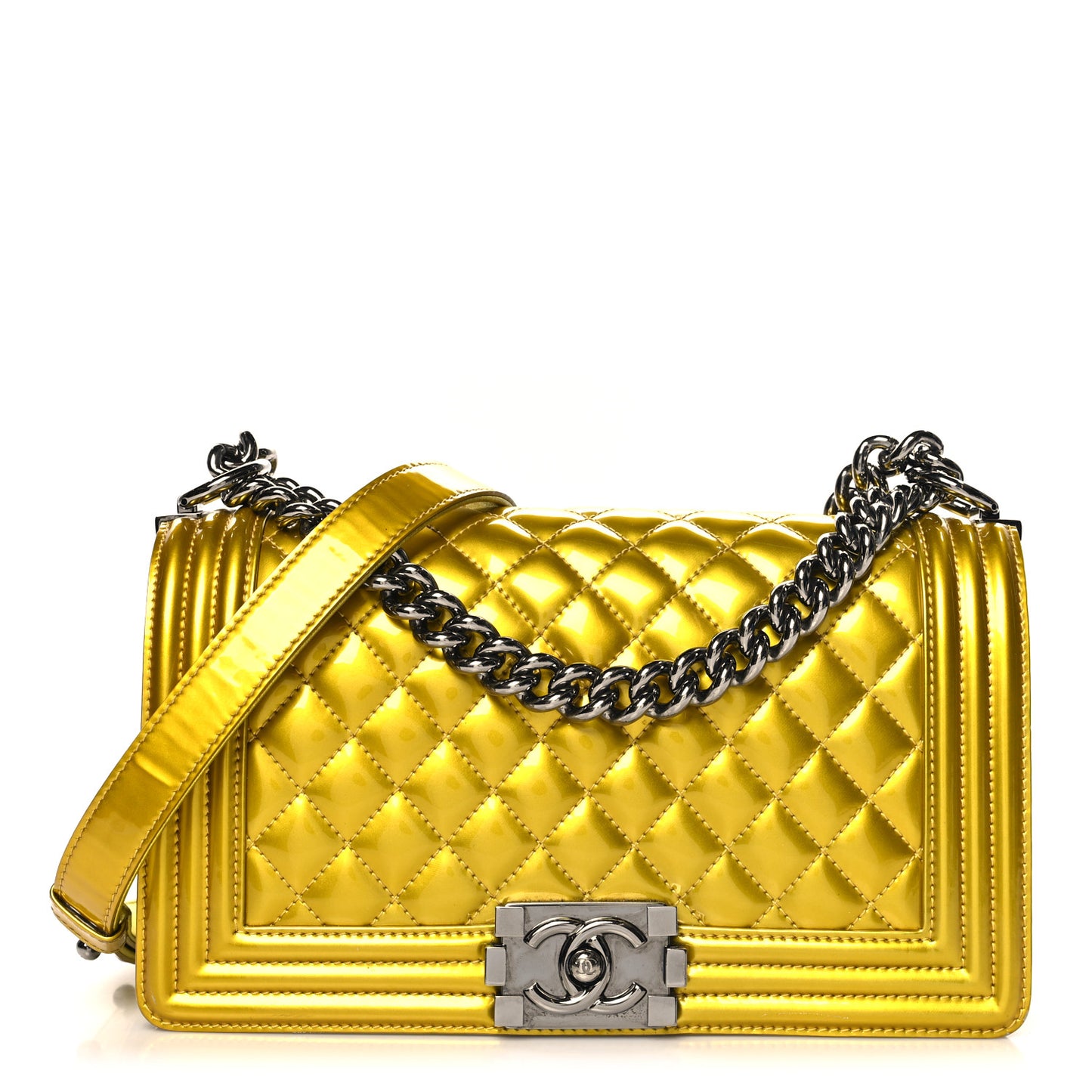 Metallic Patent Calfskin Quilted Medium Boy Flap Gold