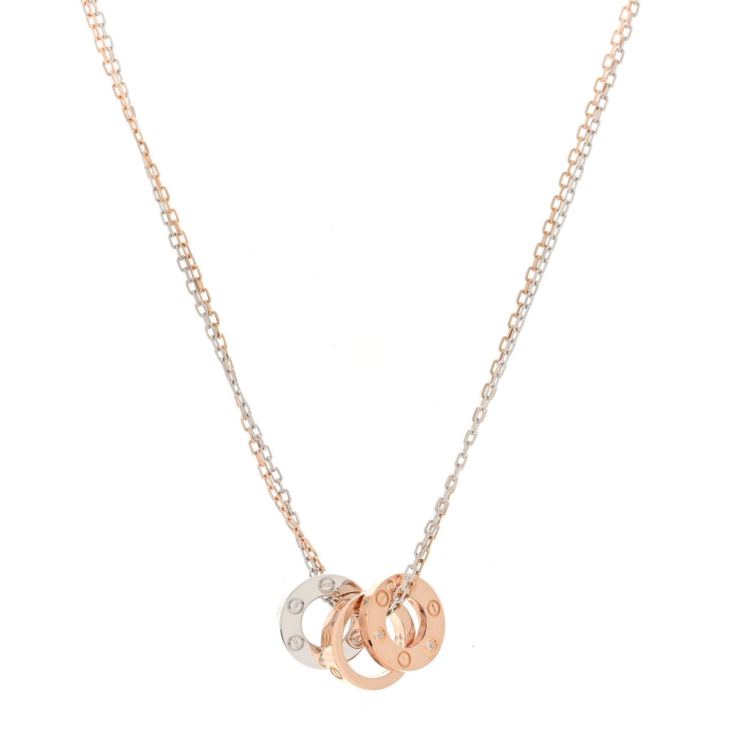 18K White Pink Gold Diamond Three Ring LOVE Pendant Necklace