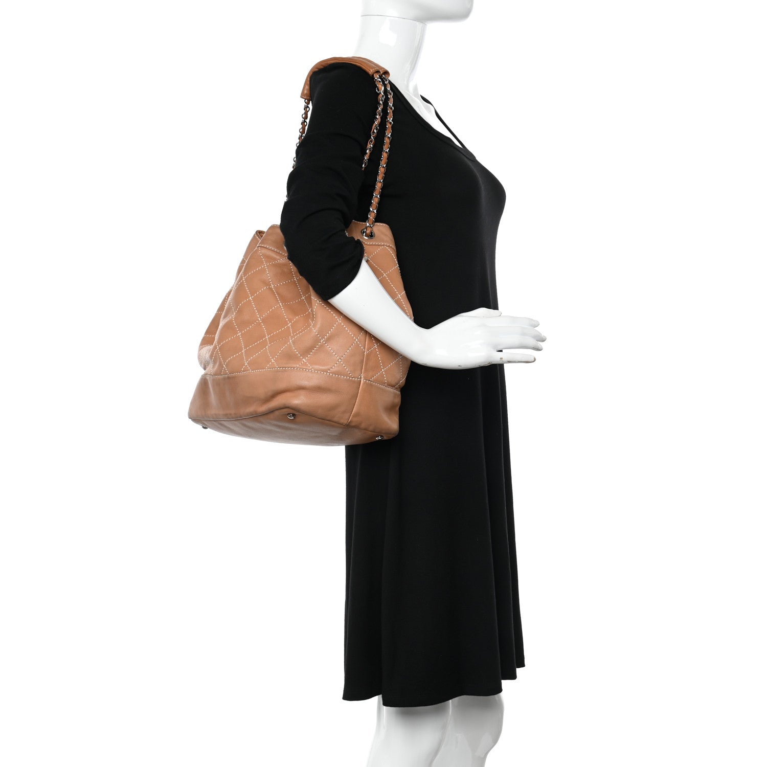 Chanel Lambskin Contrast Stitch Large Drawstring Tote Dark Beige 2 of 15