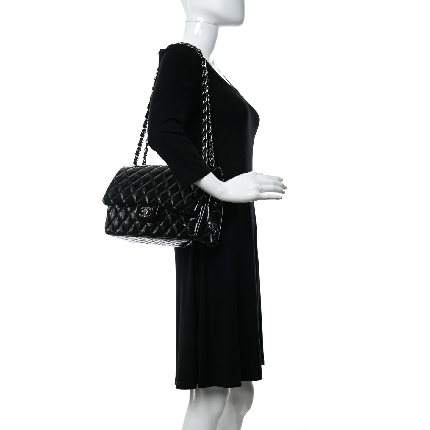 Striated Patent Quilted Jumbo Double Flap Black