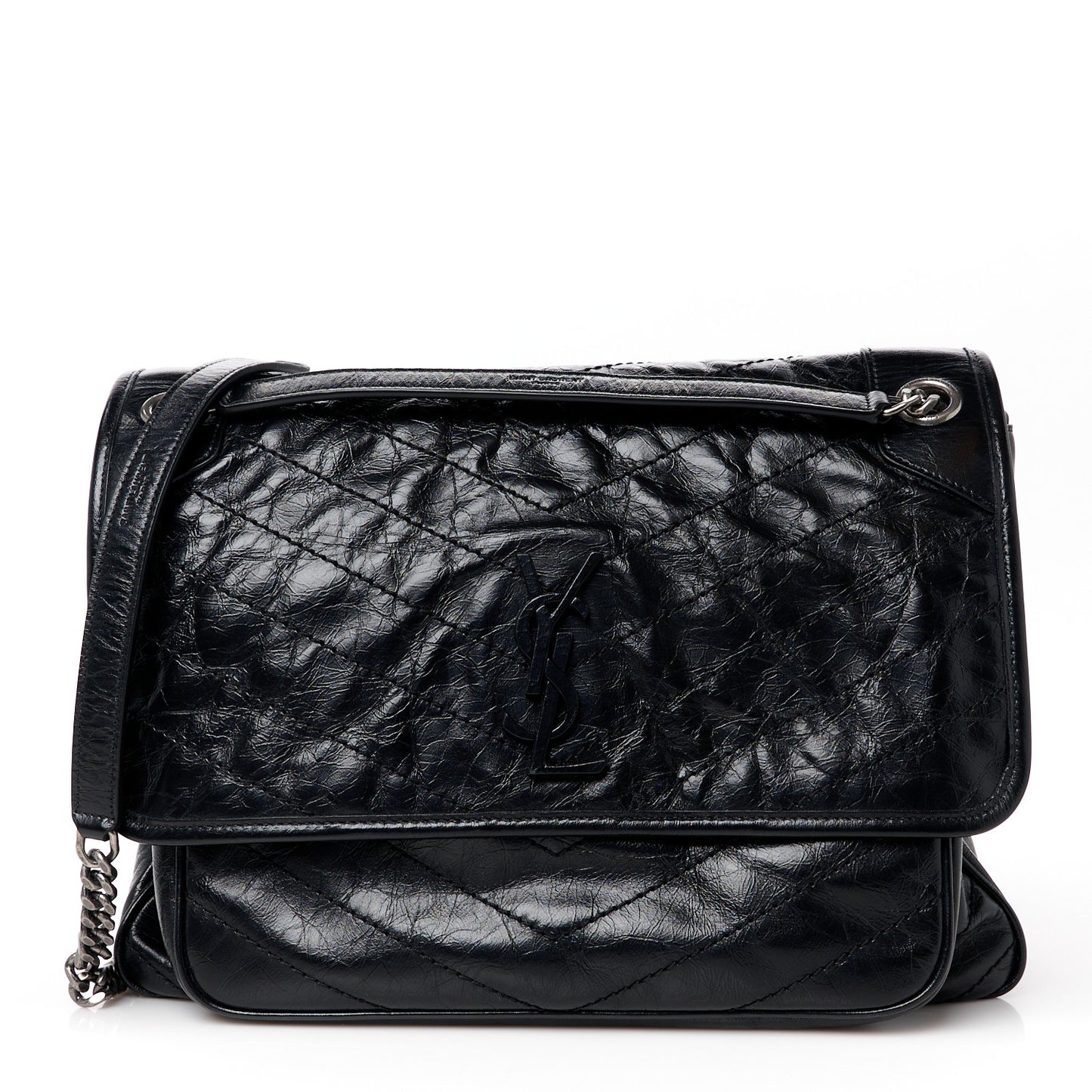 Crinkled Calfskin Matelasse Monogram Large Niki Chain Satchel Black