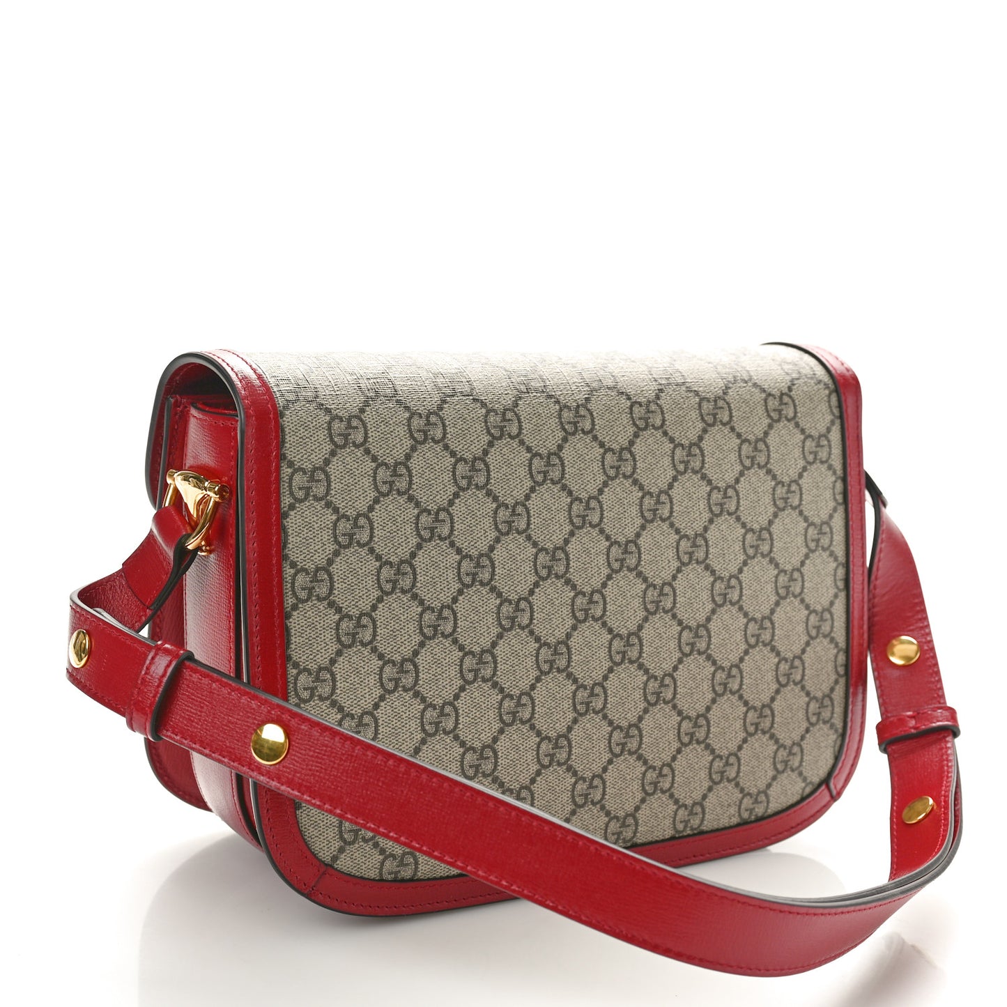 GG Supreme Monogram Azalea Calfskin Horsebit 1955 Shoulder Bag Beige Ebony New Cherry Red