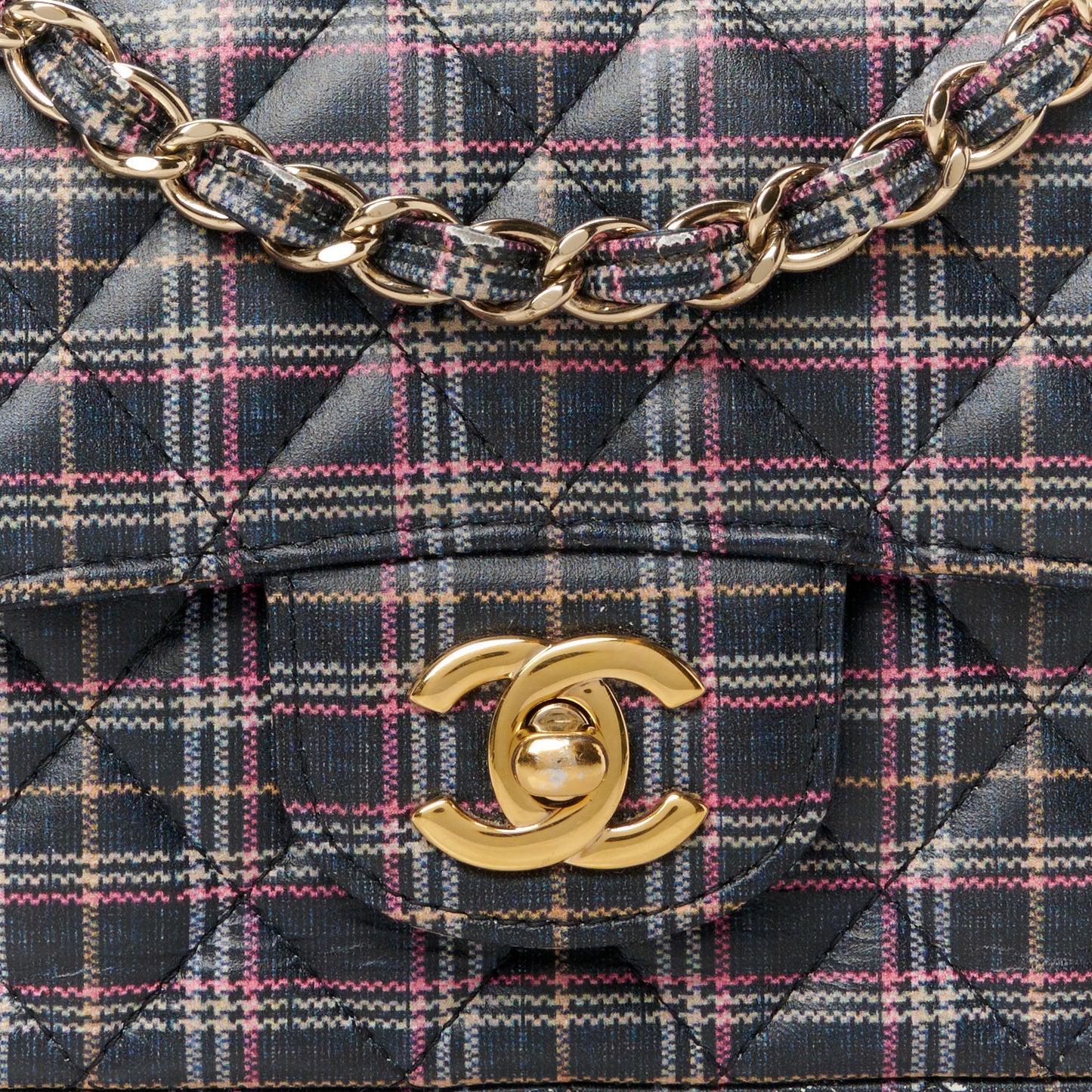 Calfskin Quilted Plaid Printed Small Single Flap Navy Multicolor