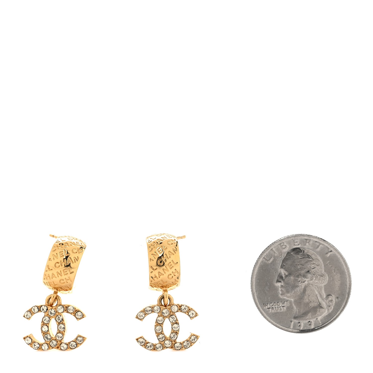 Chanel Metal Crystal CC Logo Hoop Drop Earrings Gold 2 of 5