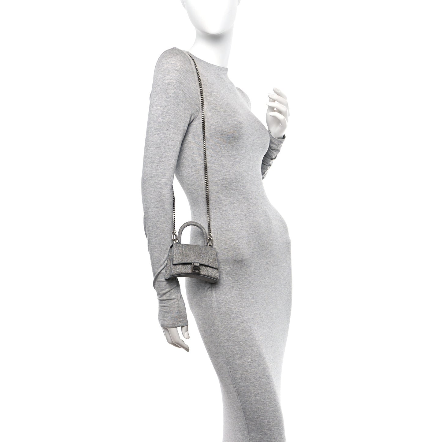 Glitter Fabric Hourglass Top Handle Bag Mini with Chain Grey