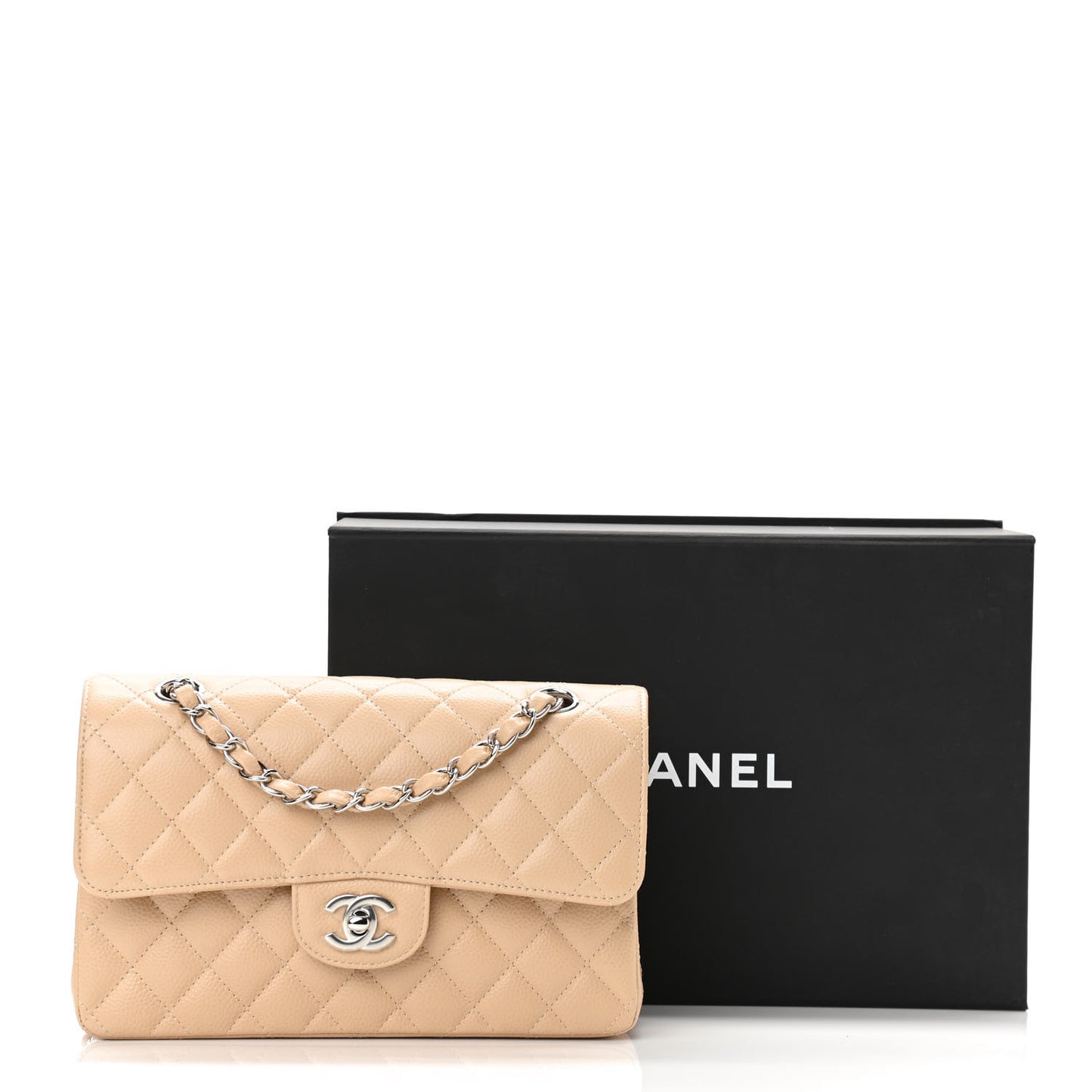 Caviar Quilted Small Double Flap Beige