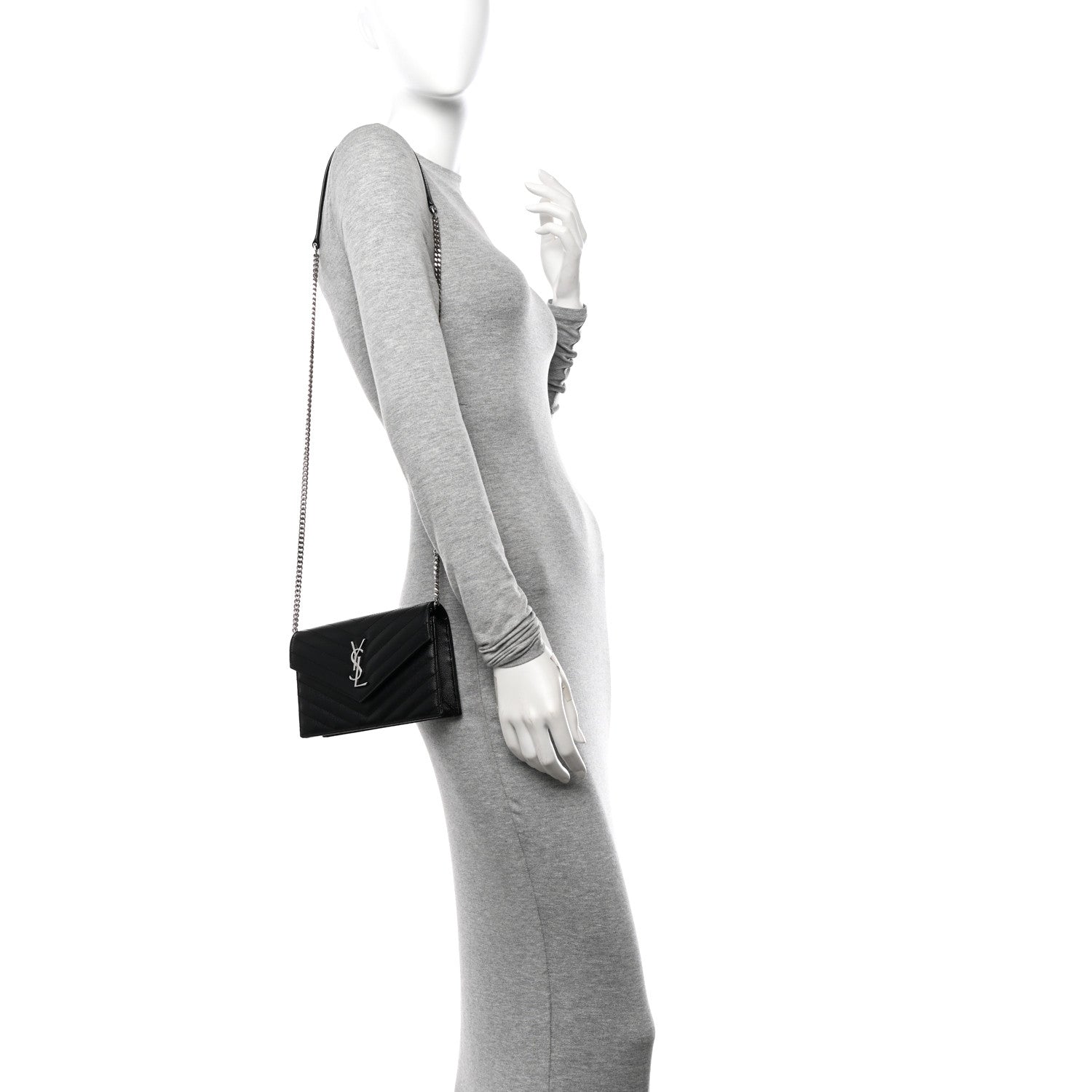 Saint Laurent Grain De Poudre Matelasse Chevron Monogram Envelope Chain Wallet Black 2 of 11